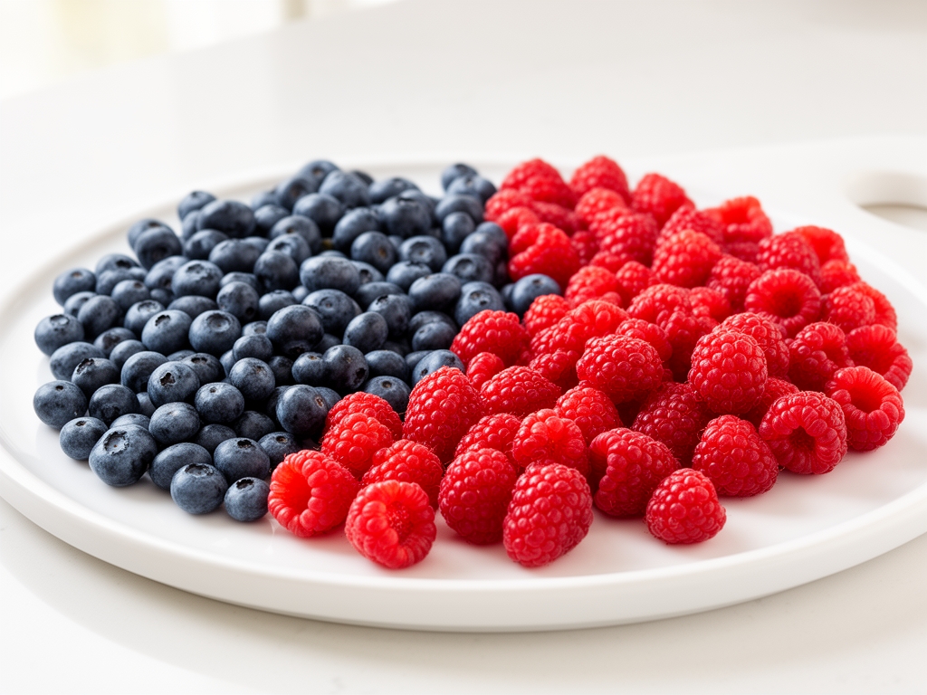 Razlicˇite vrste svezˇih bobicˇastih vocˇa bogatih antioksidantima – borovnice, maline, kupine – poredane po nijansi na belom keramicˇkom pladnju uz prirodno difuzno svetlo