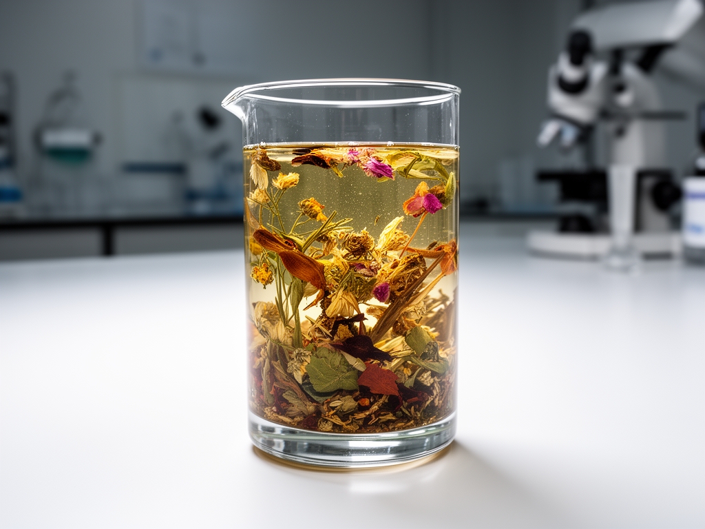 Elegantna staklena posuda sa providnim telem ispunjena smesavanjem razlicitih prirodnih ekstrakata, postavljana na beloj laboratorijskoj povrsini sa preciznim osvetljenjem koje naglasava cistotu i visinu nivoa tecnosti