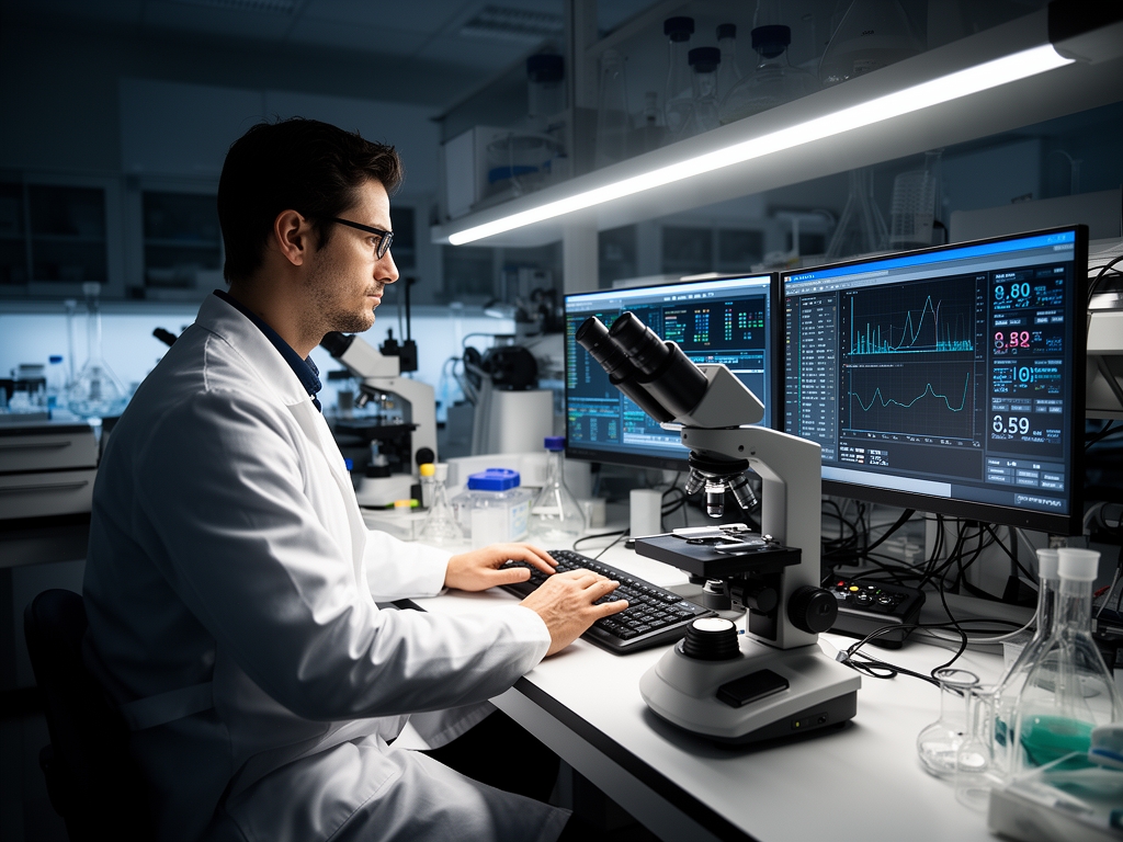 Naucˇnik koji radi sa laboratorijskim instrumentima i pregleda podatke na ekranu u modernoj istrazˇivacˇkoj laboratoriji, osvetljenoj preciznim belim svetlom sa senkama koje naglasavaju radnu atmosferu