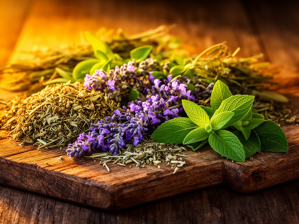 Sušene aromaticne biljke i zacinsko bilje na rustikalnoj drvenoj dasci, osvetljene toplim svetlom zlatnog časa koje naglasava teksturu lisca i mirisnih cvastova