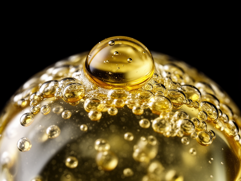 Makro fotografija kapljica masnog ulja u prozirnoj tecnosti na temnom fonu, prikazuje apsorpciju liposolubilnih vitamina, snimljeno sa bliskim makro objektivom sa naglasenim teksturama